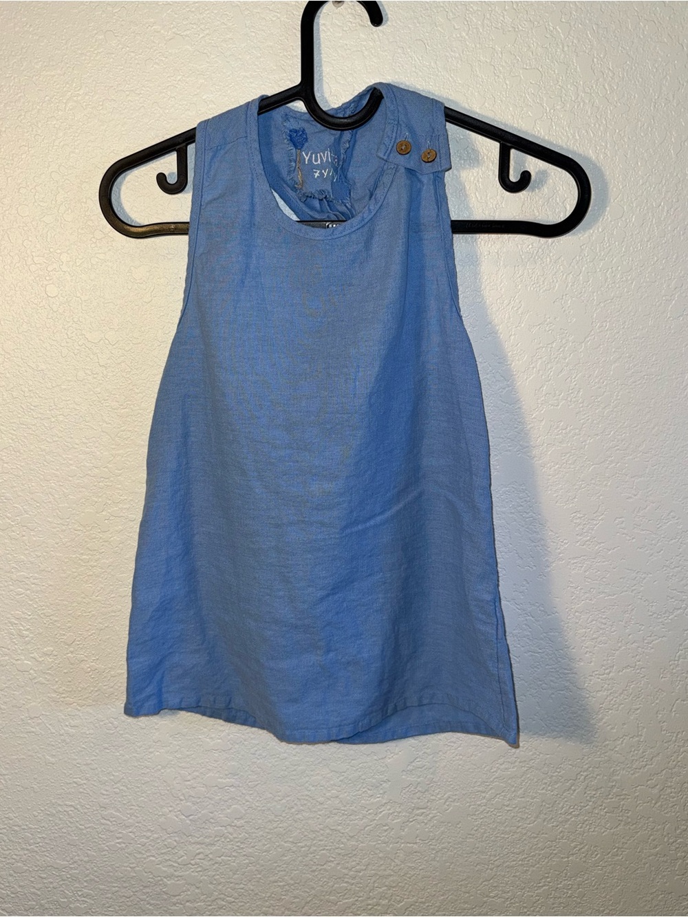 Yuvita Blue 100% Linen Scoop Neck Sleeveless Tank Top Buttons Racerback Size 7/8